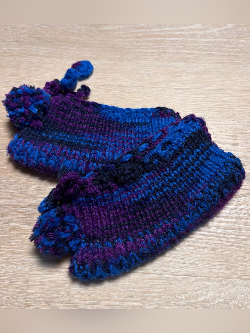 Cozy Hand-Knit Slipper Booties - Purple Black & Blue  Marled Yarn Handmade Small
